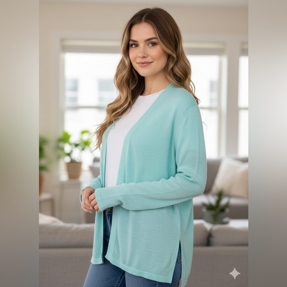 J.Jill Light Blue Mint Linen Blend Open Front Cardigan Size L